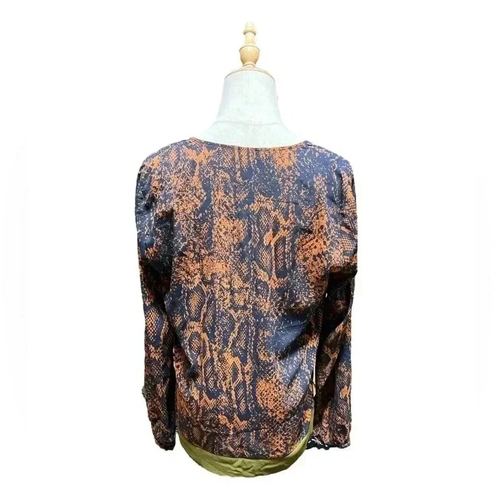 Cabi Python Print Border Wrap Blouse Navy Rust Ol… - image 3